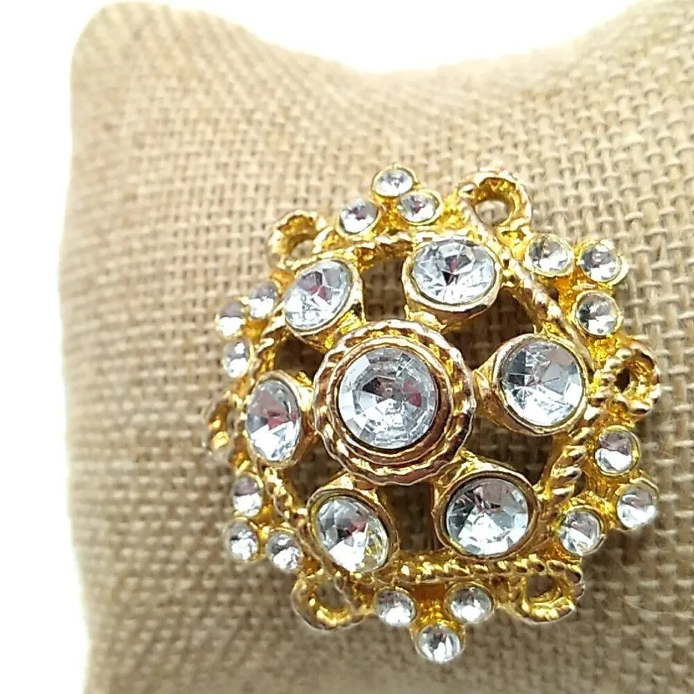 Vintage Twisted Rope Brooch Dome Shaped Rhinestone Gold Tone Pin